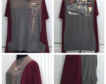 Women’s motorcycle tee shirt Tunic gray burgundy upcycled cotton tunic tee shirt short sleeve burgundy tee two pocket 3X plus size