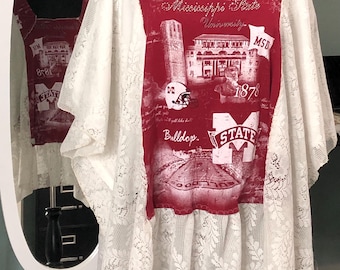 Women’s burgundy plus size tunic square neck vintage lace kimono sleeves rhinestones MS bulldogs sports graphic tee upcycled