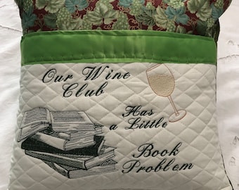 Book pocket pillow reading pillow gift for her wine book club embroidered pillow cover wine theme pillow burgundy green leaves print