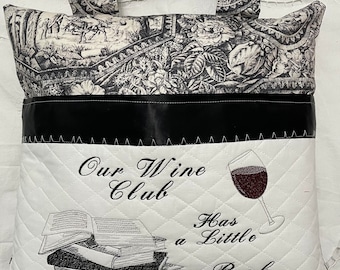 Pocket pillow wine club Black white reading pillow handle  wine club book club gift  embroidered  wine glass books black white