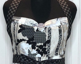 Women's full apron Paris theme black purple flowers ruffled cotton shabby chic Black Eiffel black cream flower fabric ties posh girl apron