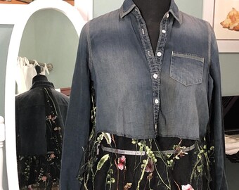 women’s dark blue black denim shirt jacket black flower embroidered lace lace sleeves of a kind light shrug jacket lace ruffle plus 3X
