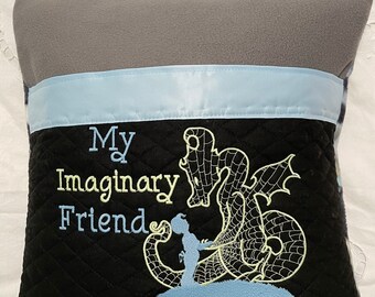 Pocket pillow pocket Imaginary friend boy reading pillow childrens reading pillow handle imaginary friend quote glow in the dark embroidery
