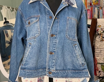 Upcycled Denim Jacket: Light Blue, long Sleeves, wedding ring quilt pieces, Plus Size 2X