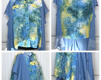 Blue yellow plus size women’s tunic shirt kimono sleeve button front blouse light blue soft shirt floral print summer shirt upcycled