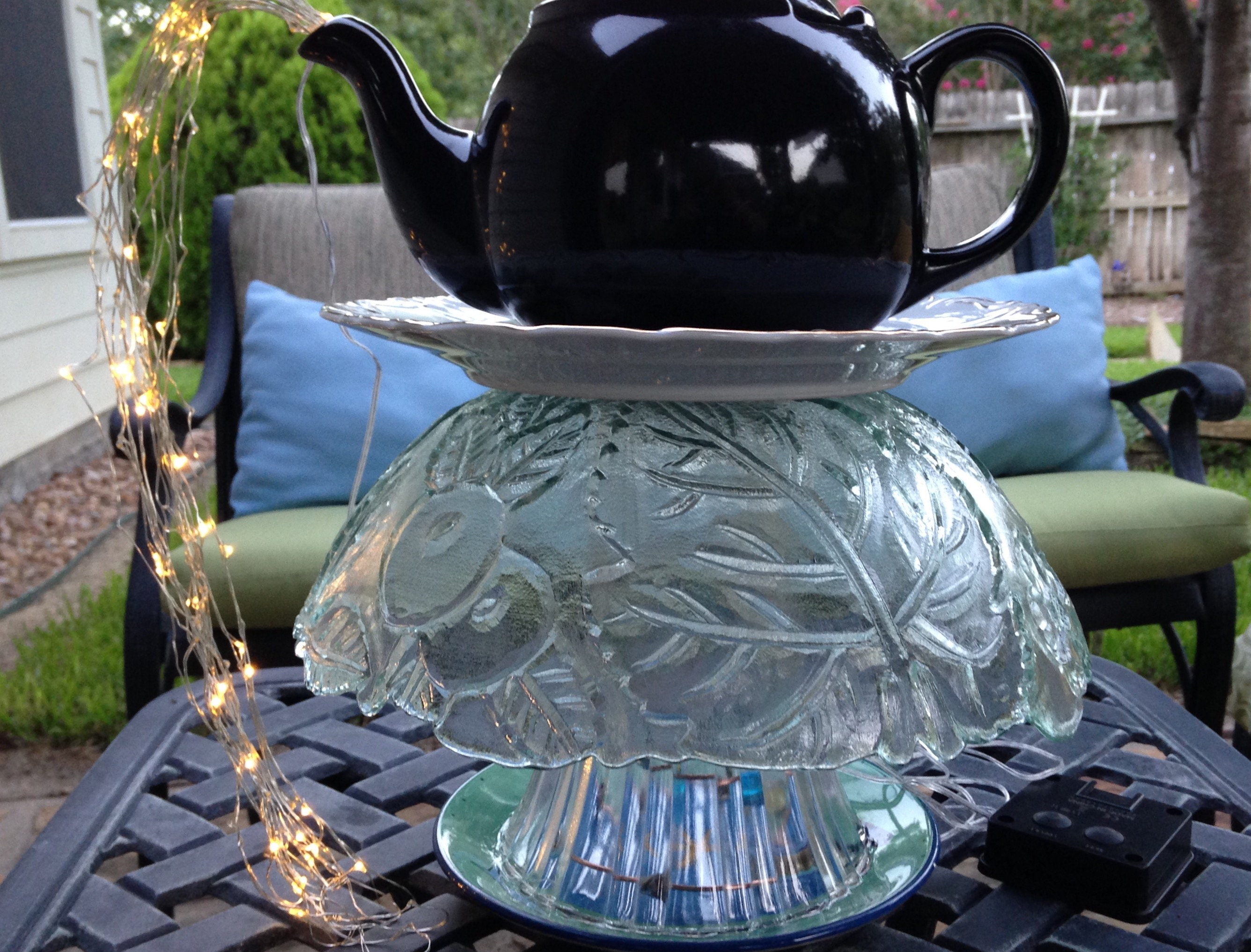 Yard art lighted teapot tower teapot table center piece etched glass