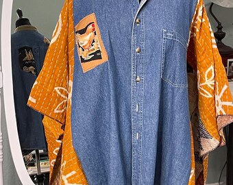 women’s dark blue denim shirt orange kantha kimono sleeved chicken kitchen appliqué plus size upcycle boho light jacket corduroy band collar