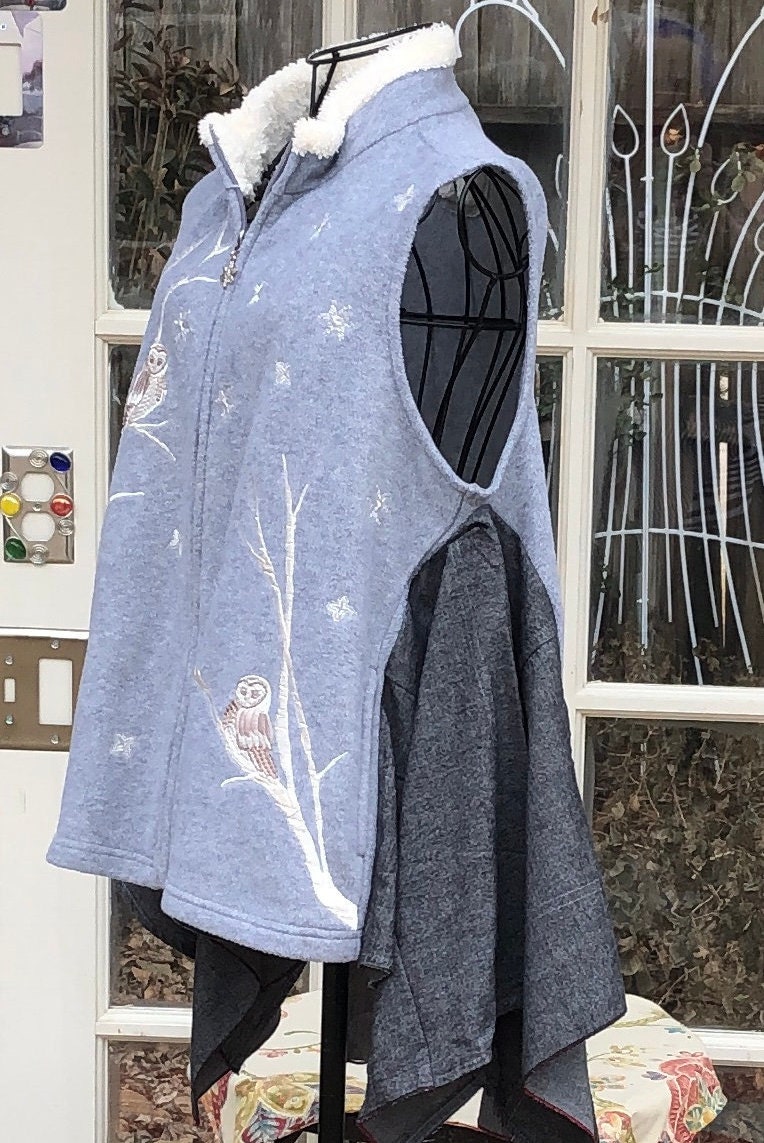 Womens Gray Fleece Vest Owl Embroidery Gray Shirting Side Etsy