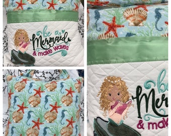 Pocket pillow mermaid embroidery gift for girl Green satin Child reading pillow green starfish sea horse shell print soft flannel zip close