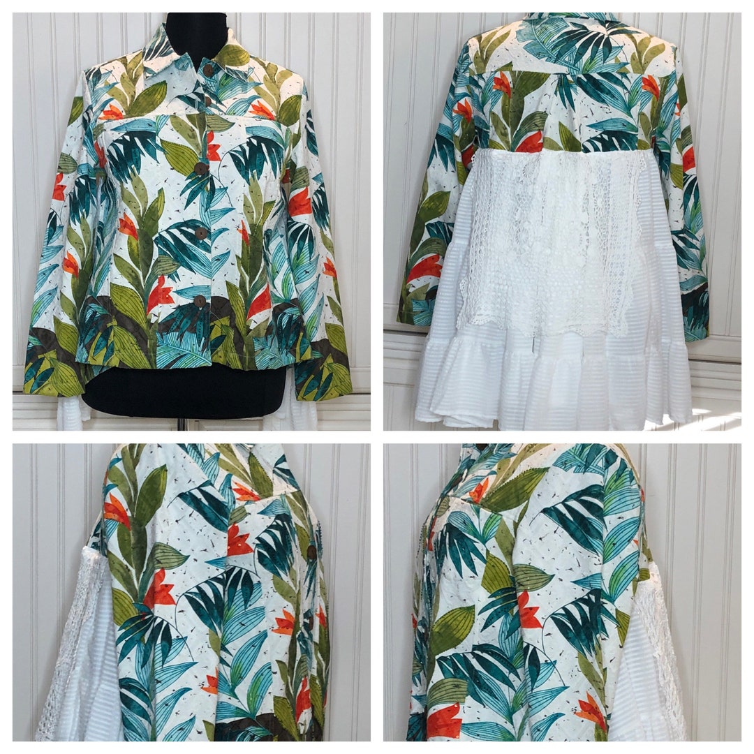 Womens Duster Jacket Green Tropical Graphic Jacket Upcycled Etsy