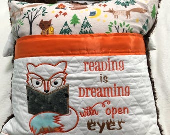 Pocket pillow embroidered child reading pillow embroidered fox reading book zip close orange satin trim outdoor print cotton brown minky