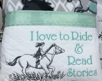 Child book pocket pillow gift for girl embroidered girl riding horse print gray aqua green fleece satin trim white quilted pocket pillow