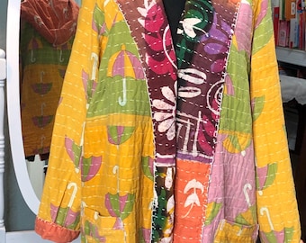 Upcycled kantha Quilted Hooded coat: orange green yellow Robe, Plus Size, umbrella print. Large pockets