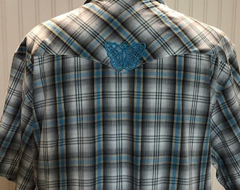 Upcycled Plaid Western Shirt Tunic: XL Aqua Black Gray Cotton