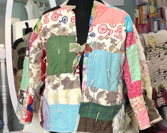 Upcycled vintage Quilt kimono jacket: aqua blue green, brown, Plus Size, large hidden pockets