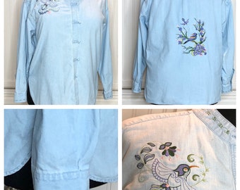 Women’s light blue embroidered denim shirt bird flower embroidered green leave stitch detail XL upcycled light weight denim shirt upcycled