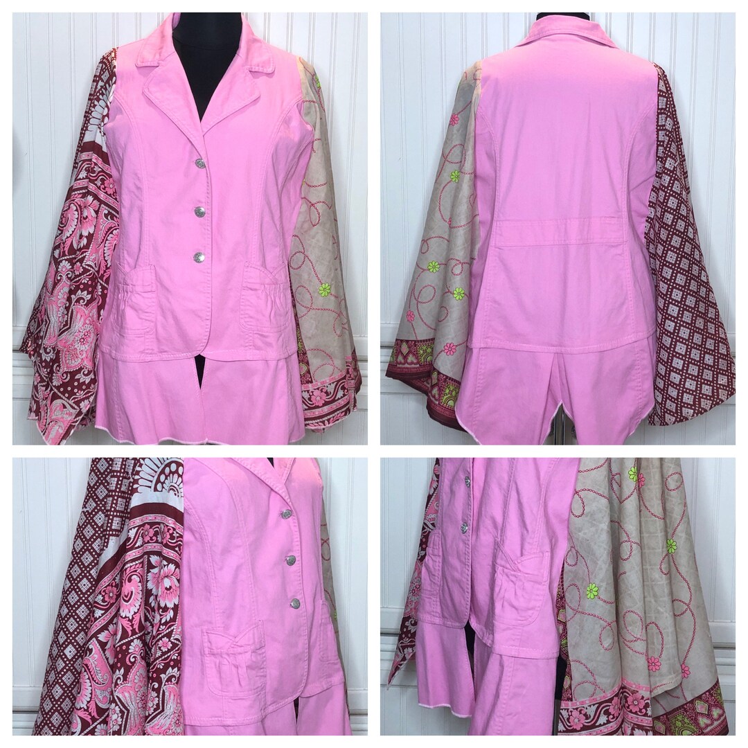 Womens Pink Denim Jacket Upcycled Plus Size Jacket Kimono Etsy Australia