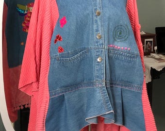 Women’s denim embroidered jacket chenille kimono sleeves upcycled plus size pink angel appliqué duster jacket