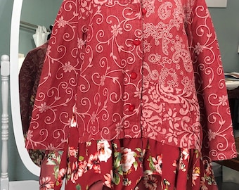 Upcycled womens duster jacket:  red flowered, embroidered, plus size, light weight, rodeo wear