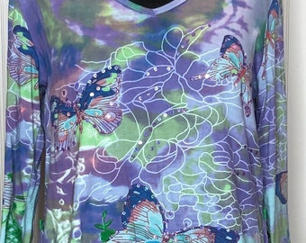 Womens purple butterfly tunic purple flowered flowing sides plus size XL quarter sleeved lace butterfly neck bling front pop over top