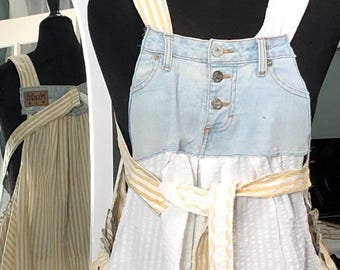 Women’s plus size upcycled one of a kind denim dungaree dress yellow white blue denim seersucker pocket apron dress upcycled denim tunic