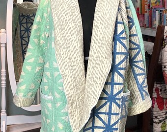Upcycled quilted hooded kimono coat: womens plus size, cream stripe, aqua green, blue, handmade, long sleeve