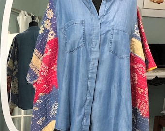 women’s denim blue tencil shirt kantha kimono sleeved red blue cream print kantha cotton plus size upcycle boho jacket