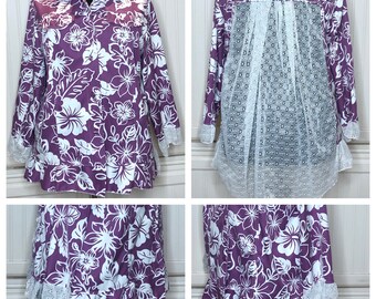 Womens jacket purple white flowered tropical jacket upcycled white white lace cruise wear light jacket vintage repurposed lace