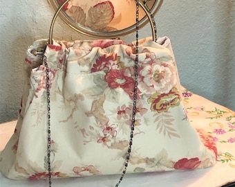 Women’s kiss lock metal frame purse: shoulder bag, cross body chain, bronze handle, red roses tan home decor fabric, handmade