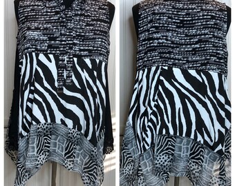 Women’s black white animal print tunic plus size black lace trim empire waist high low hanky hem upcycled pop over top zebra stripe top