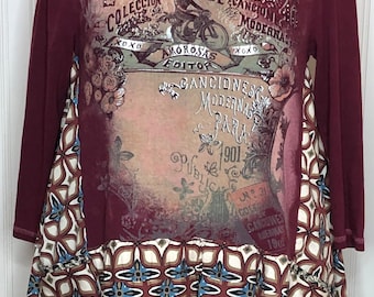 Womens tunic dress burgundy wine bling French bike themed graphic print upcycled plaid hanky hem size XL pockets
