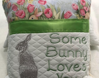 Pocket pillow embroidered child reading pillow embroidered bunny books zip close satin trim pink Tulip bunny print vintage chenille