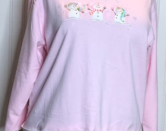 Womens Pink white embroidered snowman sweatshirt upcycled altered couture XL sweatshirt embroidered snowmen white ruffle hem