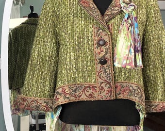 women’s cropped heather green brown brocade trim upcycled jacket sheer ruffled back hem plus size quarter sleeves hi lo hemline