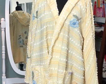 Womens Vintage chenille hooded kimono jacket yellow flowered handmade plus size