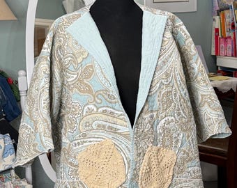 Upcycled Quilted kimono jacket: aqua blue green paisley, Plus Size, beige crochet pockets