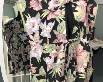 Womens black green pink tropical flower print cotton jacket fabric tie front plus size handmade peplum top cap sleeve pockets