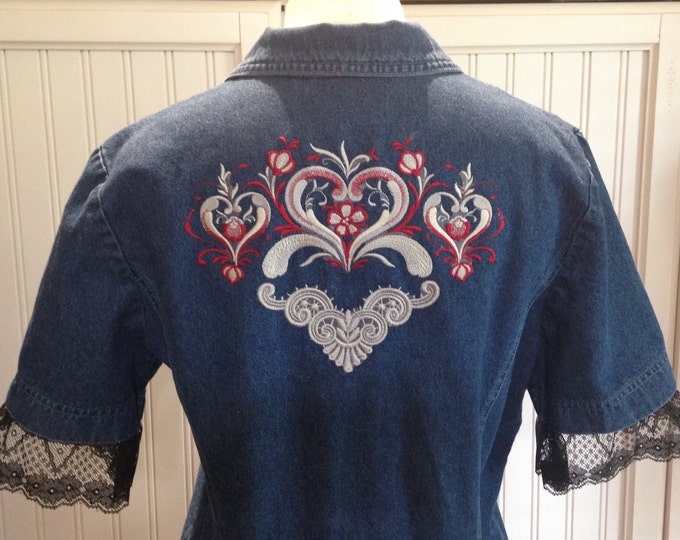 Featured listing image: Women's upcycled 90s denim short sleeve jacket embroidered denim hearts red black bird ruffle Black lace trimmed silver buttons