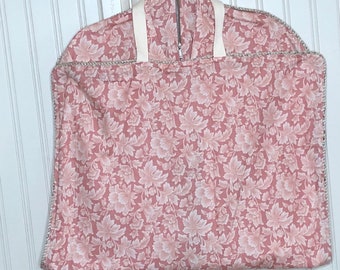Garment bag travel lite gift for her salmon pink leaf print upholstery fabric rope trim zip pocket light weight travel bag handle carry all