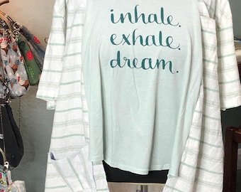 Womens upcycled green linen tunic; inhale exhale graphic cotton tee, plus size, boho chic, one of a kind,