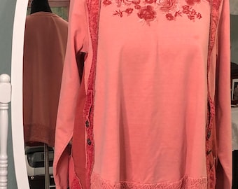 women’s embroidered sweatshirt upcycled orange rust pocket tunic top crochet trim plus size cotton top altered couture one of a kind