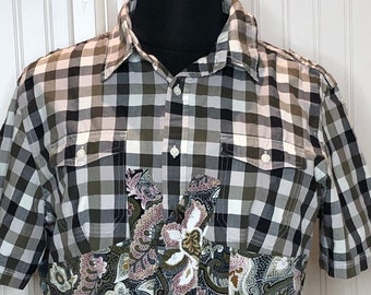 Womens Dark gray Taupe green Check upcycled XXL tunic shirt cotton shirt paisley skirted two pockets half sleeve