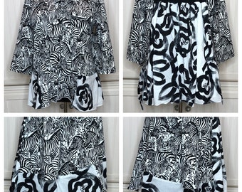 Women’s black white zebra print upcycled jacket plus size black swirl cotton ruffle easy fit jacket flowing back white with black band