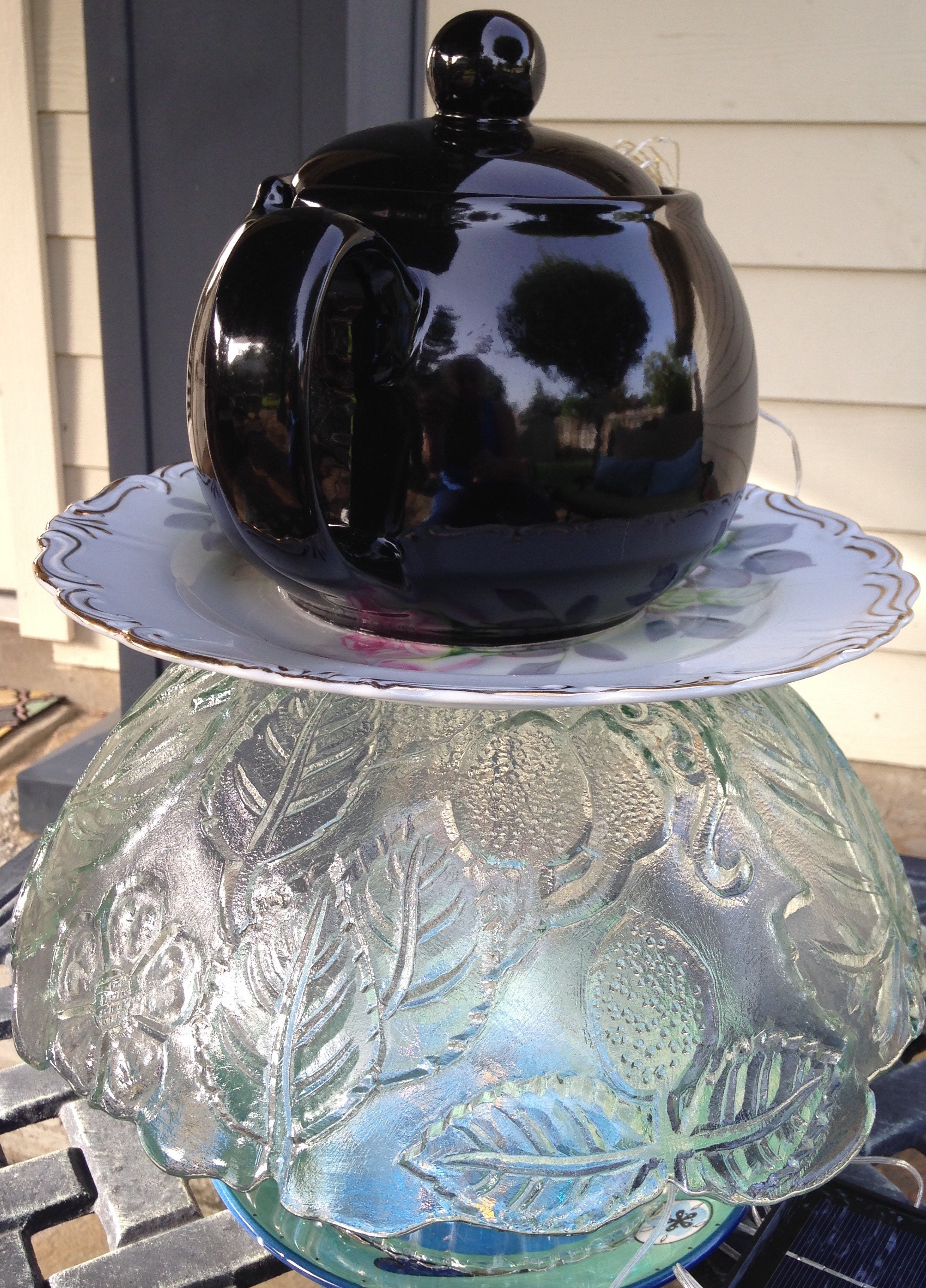 Yard art lighted teapot tower teapot table center piece etched glass