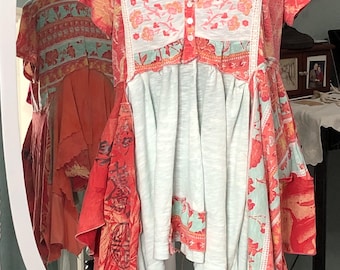 Womens tunic tee sorbet orange aqua Assymetric hem upcycled plus size tee shirt tie front shabby boho chic one of a kind top