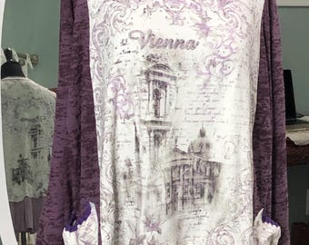 Upcycled Plus Size Tee Shirt Tunic: Vienna Graphic Print, Ruffle Hem