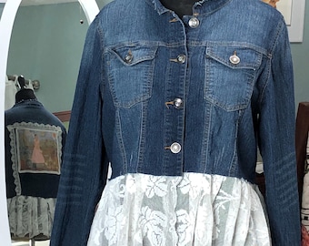 Denim Lace Jacket: Frida Print, Upcycled Ruffle Hem, Shabby Chic