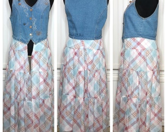 Womens L embroidered denim duster vest up cycled plaid skirt gathered tiers hand embroidered flowers soft plaid skirt