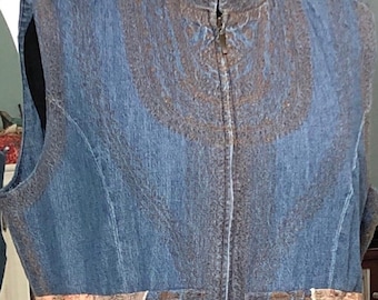 Womens duster vest denim embroidered zip front vest blue peach lined skirt vest XL vest flowing skirt light vest gift for her