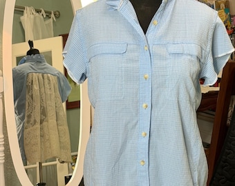Upcycled Ruffled Collar Shirt: blue check cotton white lace Blouse